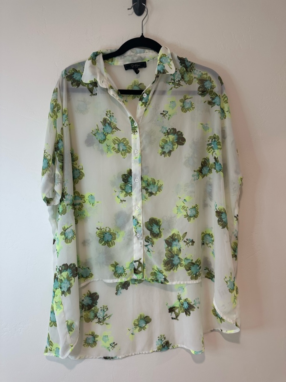 Jessica Simpson Sheer Floral Blouse Green Blue Lightweight Spring Top Size S - Picture 3 of 8